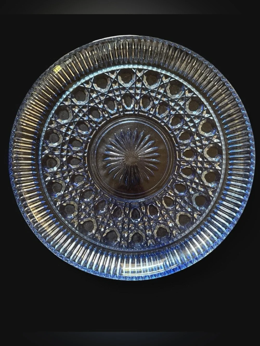 Federal Glass Pattern Windsor Button & Cane 11 in Blue Depression Glass platter